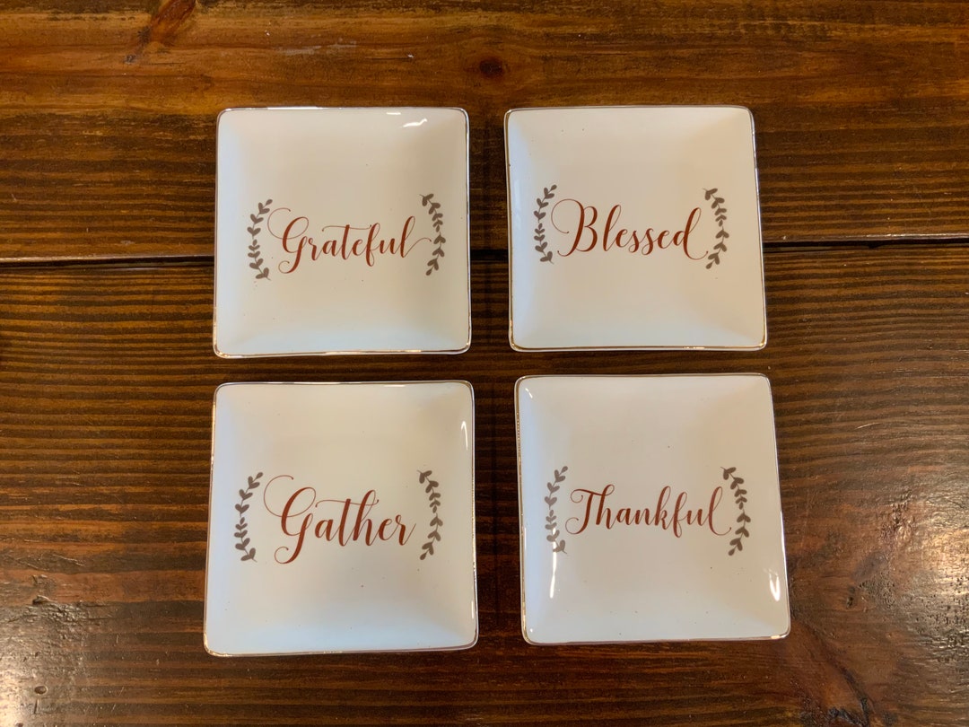 Gather Thankful Grateful Blessed Square White 5 X 5 Ceramic Plates Set of 4, Free Shipping Etsy