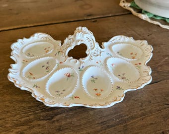 Antique Limoges Deviled Egg Hand Painted Flower Gold Edge Unmarked Rare