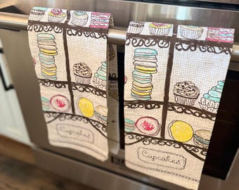 Tea Towels Cupcake Kitchen Decor Set of 2 100% Cotton Hand Towels for Kitchen