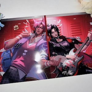 May include: Two anime characters, one with pink hair and a pink and white sweater, the other with black hair and a black leather jacket, stand in front of red lockers. The character with black hair is playing a black and white electric guitar with red accents.