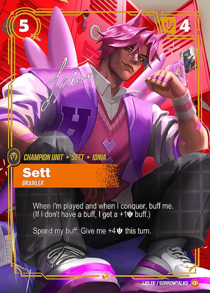 May include: A collectible trading card featuring the character Sett, a brawler with pink hair, wearing a purple and pink varsity jacket over a pink sweater. The card displays the text Sett, Champion Unit, Ionia, and game mechanics in white.