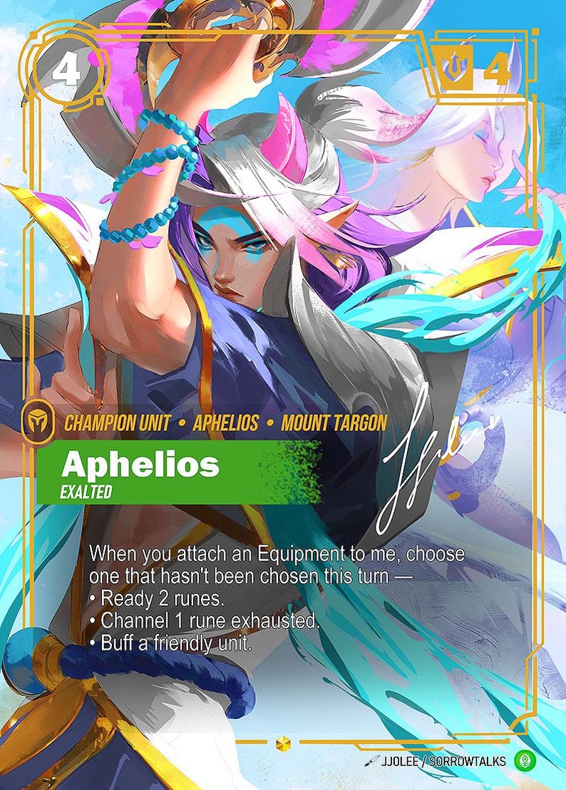 May include: A collectible trading card featuring the character Aphelios, a Champion Unit from Mount Targon. The card displays the text Aphelios, Exalted, and lists game mechanics including Ready 2 runes, Channel 1 rune exhausted, and Buff a friendly unit.