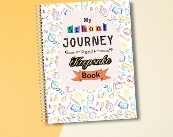 Puede incluir: Un libro de recuerdos con espiral con una cubierta blanca con ilustraciones coloridas con temática escolar. La portada tiene el texto "My School Journey and Keepsake Book" en una fuente lúdica, con una pancarta naranja claro.