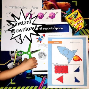 5 Page Preschool Spanish Outer Space Themed Cute Aliens Curriculum in Spanish Homeschool Spanish Printable Worksheets Tracing Practice Sheet