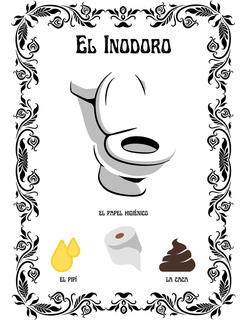 Bathroom Sign in Spanish Toilet Wall Art Bathroom Vocabulary Words in