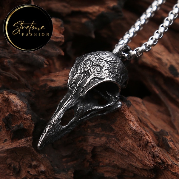 Raven Skull Necklace Mens Pendant Chain Viking Head Medalion Crow Raven Bird Gift for Him Fathers Sons