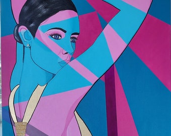 May include: A painting of a woman with blue skin and black hair, wearing a gold dress. The background is a geometric pattern of pink, blue, and purple.