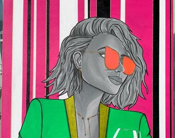 May include: A painting of a woman with short gray hair wearing sunglasses and a green jacket. She is holding a glass of red wine and has gold jewelry on her wrists and neck. The background is a pink and white striped pattern.