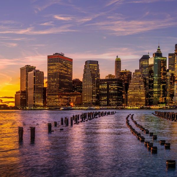 New York City Sunset Skyline: Captivating Purple and Orange Hues from Old Pier 1 in Brooklyn USA - Digital Download - Cityscape Photo Print