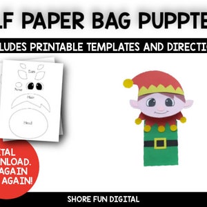 Pode incluir: Modelo de fantoche de saco de papel imprimível de um duende com um chapéu vermelho, uma camisa verde e detalhes amarelos. O modelo inclui um rosto, cabelo, orelhas e nariz imprimíveis. O texto "ELF PAPER BAG PUPPET" e "INCLUDES PRINTABLE TEMPLATES AND DIRECTIONS" está na parte superior da imagem. O texto "DIGITAL DOWNLOAD. USE AGAIN AND AGAIN!" está na parte inferior da imagem.