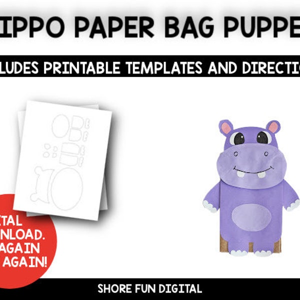 Hippo Paper Bag Puppet Craft Template with Directions