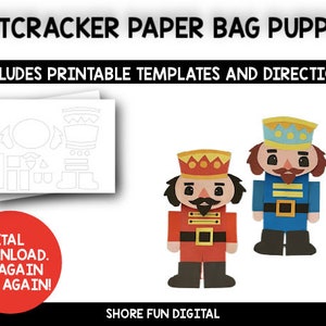 Peut inclure: Modèle de marionnette en papier pour sac imprimable d'un Casse-Noisette. Le modèle comprend un Casse-Noisette rouge et bleu avec une couronne, une moustache et une barbe. Le modèle est un téléchargement numérique et peut être utilisé encore et encore.