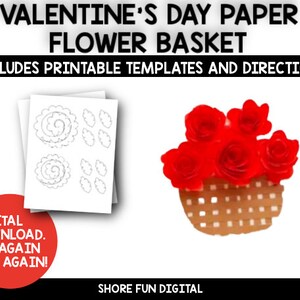Valentine&#39;s Day Paper Flower Basket Craft Template with Directions