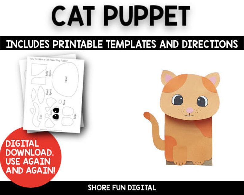 Cat Paper Bag Puppet Template With Directions Etsy