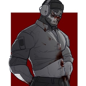 May include: A man wearing a black ski mask and a grey shirt with a blood stain on the chest. He is wearing a black tactical vest with a dog tag hanging from it. He is also wearing a pair of black pants and a pair of black boots.