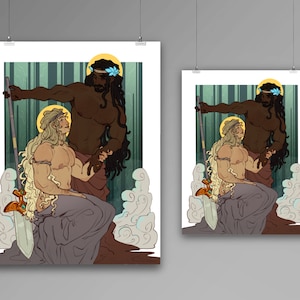 May include: A digital illustration of two men standing together. The man on the left has long blonde hair and is wearing a grey robe. The man on the right has long black hair and is wearing a brown loincloth. They are both holding a spear with a gold tip. The background is a green forest with clouds.