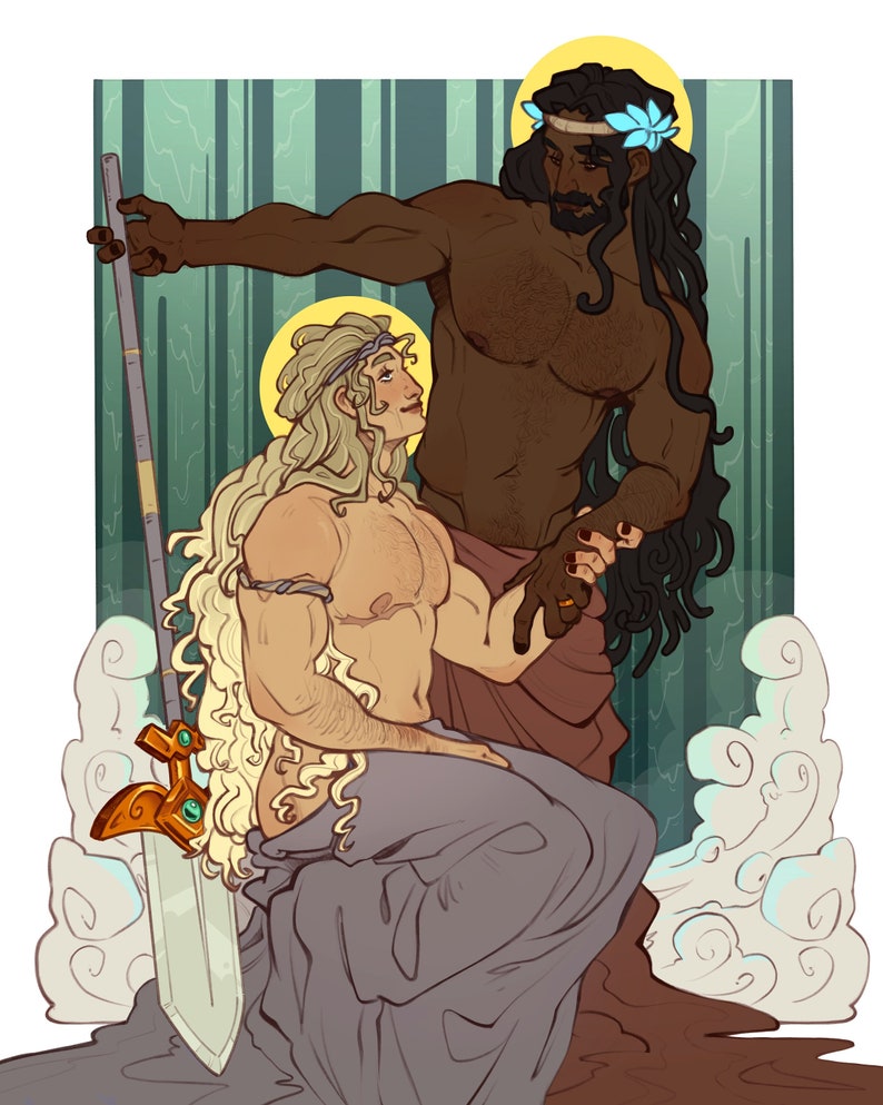May include: Two men with long hair and beards, one with a golden halo and a sword, the other with a blue halo and a flower crown, stand against a green and blue background.