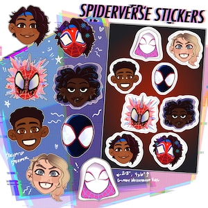 May include: A set of 10 glossy, waterproof vinyl stickers featuring various Spider-Man characters from the Spider-Verse. The stickers are 2-3 inches in size and 4x6 inches in total. The characters include Spider-Man, Spider-Gwen, Miles Morales, and others.
