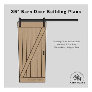 Puede incluir: Una ilustración digital de un plano de construcción de puerta de granero de 91 cm. El plano incluye instrucciones paso a paso, una lista de materiales y cortes, modelos 3D y consejos útiles. El plano es de Mann Plans, una guía de construcción de proyectos.