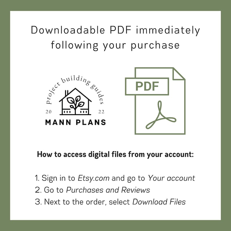 May include: A green and white graphic with the text "Downloadable PDF immediately following your purchase". The graphic also includes a black and white illustration of a house with the text "project building guides 20...22 MANN PLANS" and a black and white PDF icon with the text "PDF". Below the graphic is a list of instructions on how to access digital files from your account.