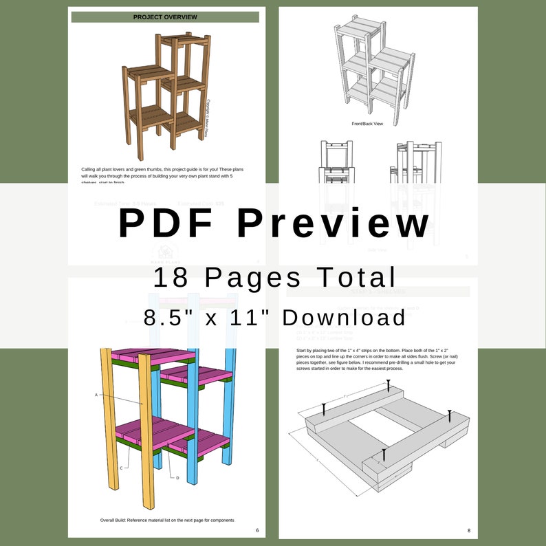 May include: A PDF preview of an 18-page woodworking project guide for building a plant stand. The guide includes detailed instructions, diagrams, and measurements for constructing a three-tiered plant stand. The stand is made of wood and has a natural finish. The PDF is 8.5 inches by 11 inches.