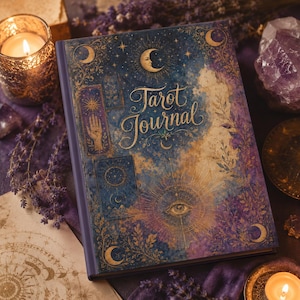 May include: A hardcover "Tarot Journal" with a celestial design in shades of blue, gold, and purple. The cover features moons, stars, and botanical elements. The title is in elegant gold script. A lit candle and crystals are in the background.
