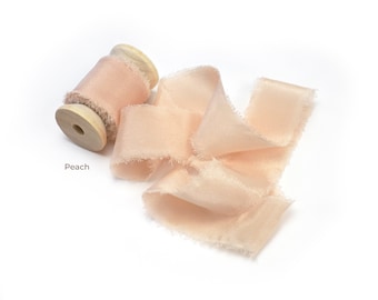Silk Ribbon Peach on Wooden Spool 100% Silk 1/2" 1" and 2" With Raw Edge For Wedding Invitation Stationary Gift Wrap