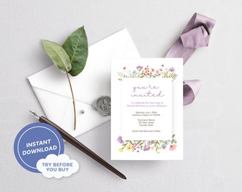 Wedding invitation template, Simple flower wedding invitation suite, Details RSVP, Printable diy editable invitation instant download Corjl