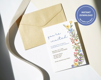 Wedding invitation suite, Simple flower wedding invitation template, Details RSVP, Printable diy editable invitation instant download Corjl