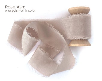 Grey Rose Ash Silk Ribbon on Wooden Spool 100% Silk 1/2&quot; 1&quot; and 2&quot; With Raw Edge For Wedding Invitation Stationary Gift Wrap