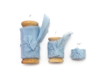 Silk Ribbon Blue Sky on Wooden Spool 100% Silk 1/2" 1" and 2" With Raw Edge For Wedding Invitation Stationary Gift Wrap