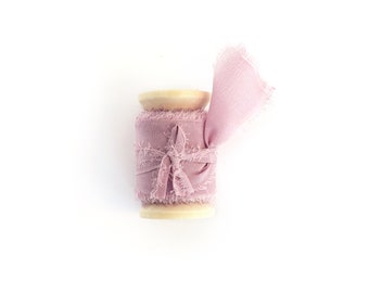 Silk Ribbon Lilac on Wooden Spool 100% Silk 1/2" 1" and 2" With Raw Edge For Wedding Invitation Stationary Gift Wrap