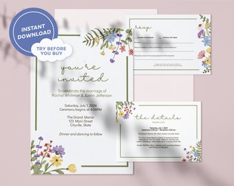 Wedding invitation template, Simple flower tropical wedding invitation suite, RSVP, Printable diy editable invitation instant download Corjl