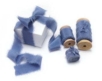 Silk Ribbon Blue Provence on Wooden Spool 100% Silk 1/2" 1" and 2" With Raw Edge For Wedding Invitation Stationary Gift Wrap