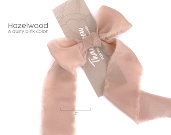 Hazelwood Dusty Pink Silk Ribbon on Wooden Spool 100% Silk 1/2" 1" and 2" With Raw Edge For Wedding Invitation Stationary Gift Wrap