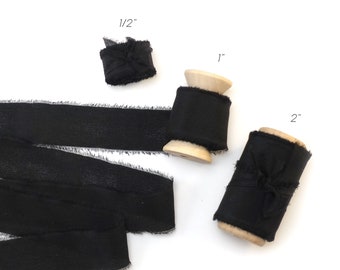 Black Silk Ribbon on Wooden Spool 100% Silk 1/2&quot; 1&quot; and 2&quot; With Raw Edge For Wedding Invitation Stationary Gift Wrap