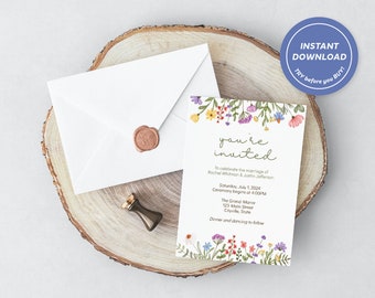 Wedding invitation suite, Simple flower wedding invitation template, Details RSVP, Printable diy editable invitation instant download Corjl