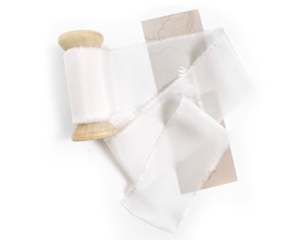 White Ivory Silk Ribbon on Wooden Spool 100% Silk 1/2" 1" and 2" With Raw Edge For Wedding Invitation Stationary Gift Wrap