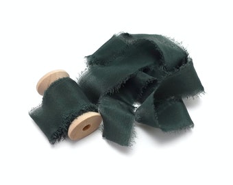 Silk Ribbon Green Forest on Wooden Spool 100% Silk 1/2" 1" and 2" With Raw Edge For Wedding Invitation Stationary Gift Wrap