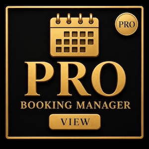 May include: A square black sign with a gold border featuring a gold calendar icon, a circular PRO badge, the text PRO BOOKING MANAGER in gold lettering, and a rectangular button below with the word VIEW in gold.
