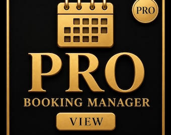 Puede incluir: Un letrero cuadrado negro con borde dorado que presenta un icono de calendario dorado, una insignia circular PRO, el texto PRO BOOKING MANAGER en letras doradas y un botón rectangular debajo con la palabra VIEW en dorado.