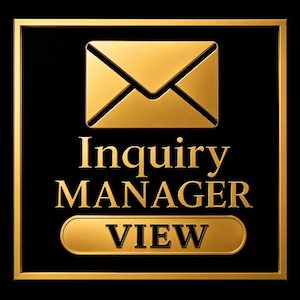 May include: A square graphic with a gold border on a black background featuring a gold envelope icon above the text Inquiry MANAGER and a gold button containing the word VIEW. The design uses a metallic gold finish for all elements.