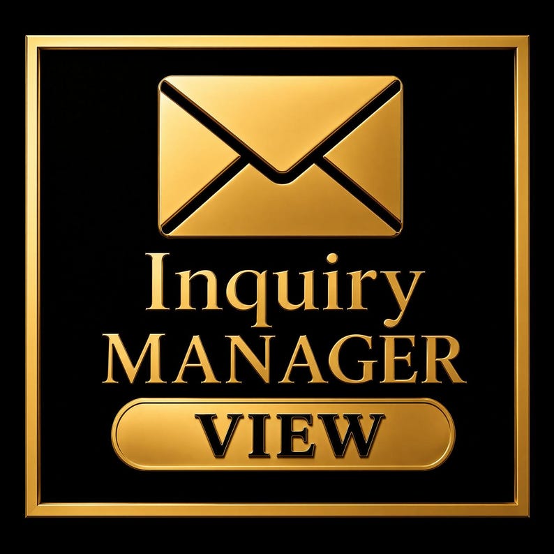 Puede incluir: Un gr&aacute;fico cuadrado con borde dorado sobre fondo negro que presenta un icono de sobre dorado sobre el texto Inquiry MANAGER y un bot&oacute;n dorado que contiene la palabra VIEW. El dise&ntilde;o utiliza un acabado dorado met&aacute;lico para todos los elementos.