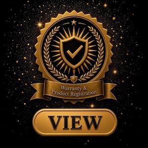 May include: A gold circular emblem featuring a central shield with a checkmark, surrounded by laurel leaves and radiating sunburst lines. A banner below reads Warranty & Product Registration, with a gold button below labeled VIEW.