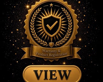 May include: A gold circular emblem featuring a central shield with a checkmark, surrounded by laurel leaves and radiating sunburst lines. A banner below reads Warranty & Product Registration, with a gold button below labeled VIEW.