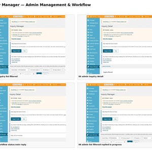 Puede incluir: Una pantalla digital de cuatro paneles titulada Inquiry Manager &mdash; Admin Management & Workflow. Cada panel muestra una interfaz de software con una barra lateral azul, un &aacute;rea de contenido blanca y etiquetas de texto que incluyen Inquiry Manager, Inquiry Detail e Inquiry Record, detallando varios estados de flujo de trabajo administrativo.