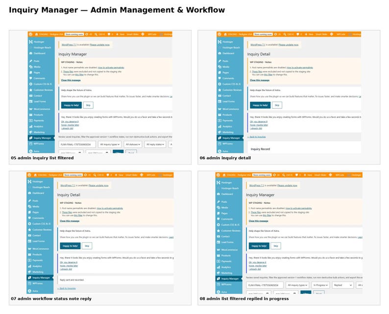 Puede incluir: Una pantalla digital de cuatro paneles titulada Inquiry Manager &mdash; Admin Management & Workflow. Cada panel muestra una interfaz de software con una barra lateral azul, un &aacute;rea de contenido blanca y etiquetas de texto que incluyen Inquiry Manager, Inquiry Detail e Inquiry Record, detallando varios estados de flujo de trabajo administrativo.