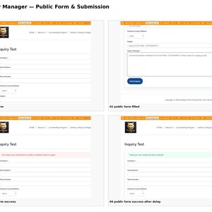 Puede incluir: Una interfaz digital de cuatro partes titulada Inquiry Manager que muestra un formulario p&uacute;blico con campos para nombre, correo electr&oacute;nico, tel&eacute;fono, m&eacute;todo de contacto y asunto, incluyendo estados de env&iacute;o y confirmaci&oacute;n.