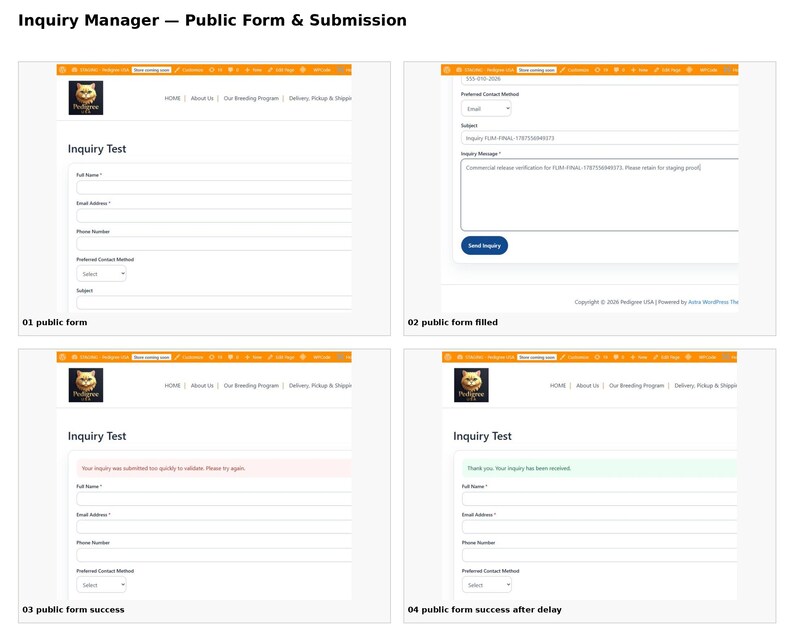 Puede incluir: Una interfaz digital de cuatro partes titulada Inquiry Manager que muestra un formulario p&uacute;blico con campos para nombre, correo electr&oacute;nico, tel&eacute;fono, m&eacute;todo de contacto y asunto, incluyendo estados de env&iacute;o y confirmaci&oacute;n.