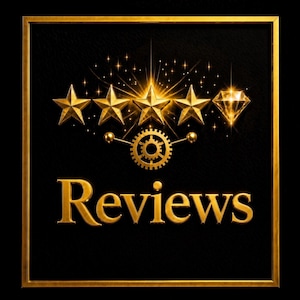 May include: A square graphic with a black background and a gold border featuring the word Reviews in gold lettering. Above the text are four gold stars and one gold diamond icon, with a gold gear symbol centered below the stars.
